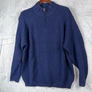 Jos A Bank Mens XXL 1/4 Zip Lambswool Fisherman Sweater Navy Cable Knit Pullover